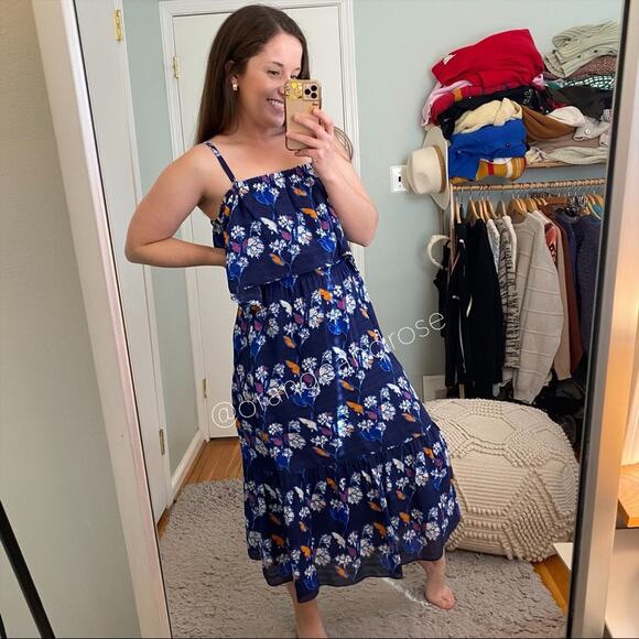 Tanya Taylor Blue Floral Tiered Tropical Silk Strappy Maxi Dress Vacation 0 XS - Picture 7 of 15